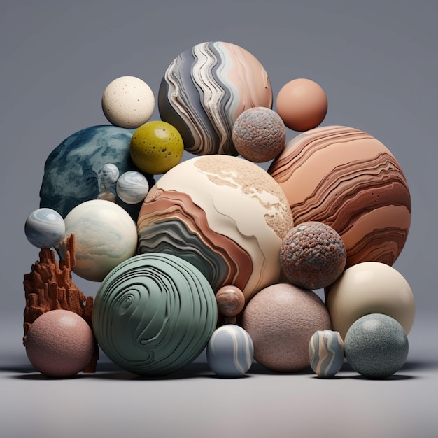 A collection of balls with different colors and shapes