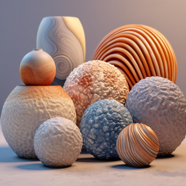 A collection of balls with a white background and a wooden base.