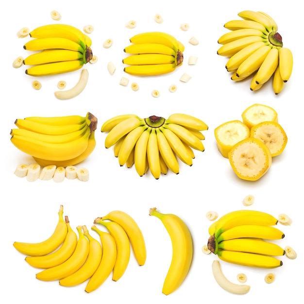 Collection of bananas isolated on white background. Flat lay, top view