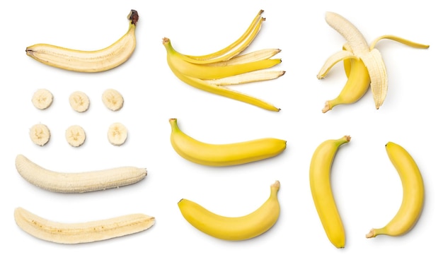 흰색 배경에 고립 된 바나나의 컬렉션 여러 이미지의 집합 시리즈의 일부