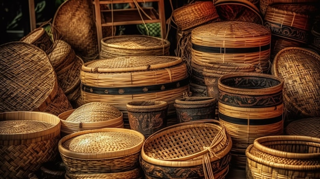 A collection of baskets are stacked on top of each other.