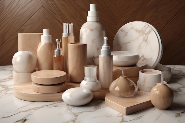 A collection of bathroom products on a marble counter.