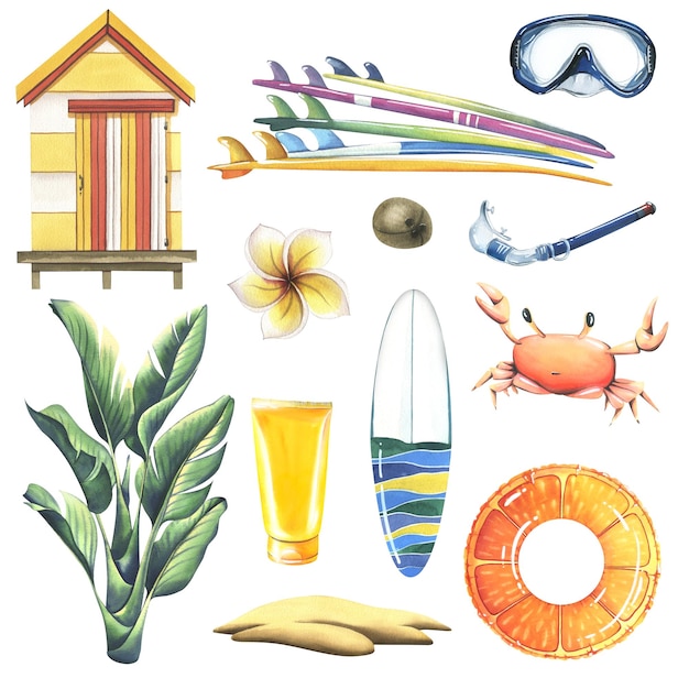 Photo a collection of beach accessories summer bright for relaxation and entertainment watercolor illustration hand drawn set of isolated objects on a white background