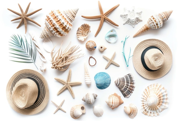 Photo a collection of beach themed items including shells starfish and starfish