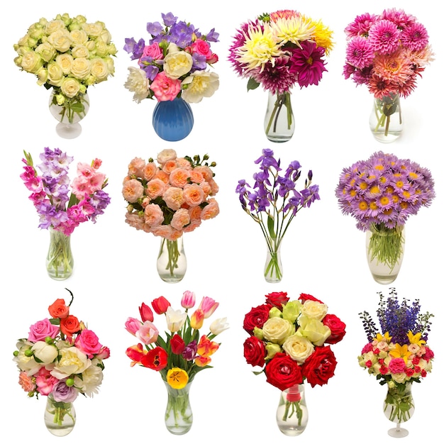 Collection of beautiful bouquets flowers in vases isolated on white background. Flat lay, top view