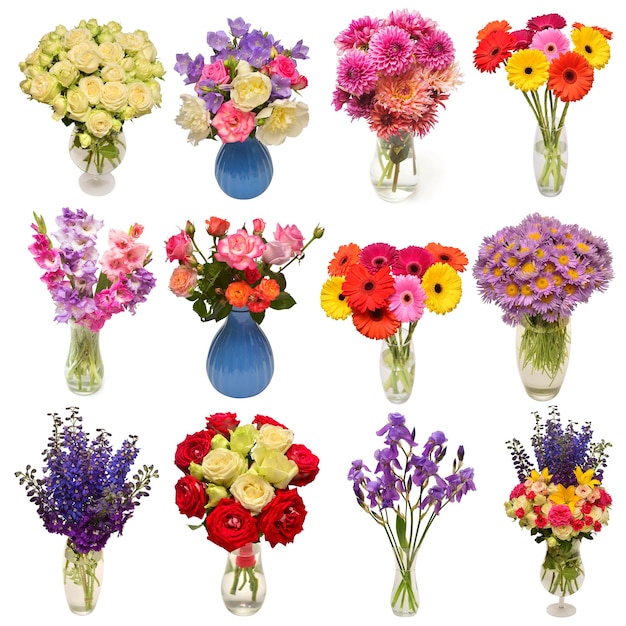 Collection of beautiful bouquets flowers in vases isolated on white background Flat lay top view