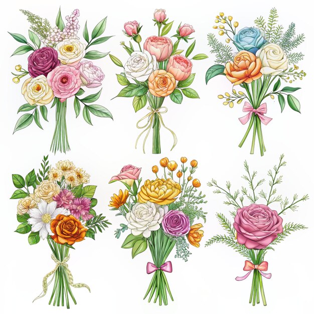 Photo a collection of beautiful flowers bouquet isolated on white background