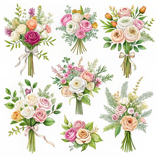 Photo a collection of beautiful flowers bouquet isolated on white background
