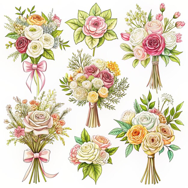 Photo a collection of beautiful flowers bouquet isolated on white background