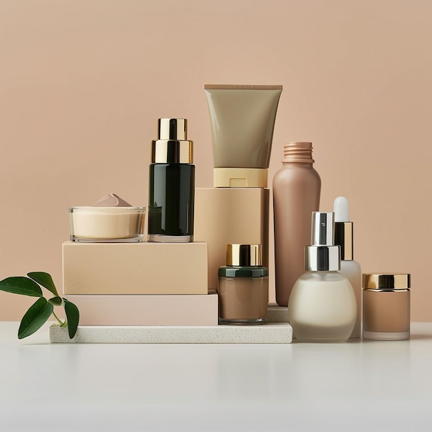 a collection of beauty products including a bottle of perfume