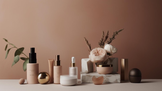 A collection of beauty products including a vase of flowers and a vase of flowers.
