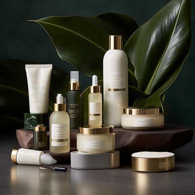 A collection of beauty products on the stone with plants on a dark background