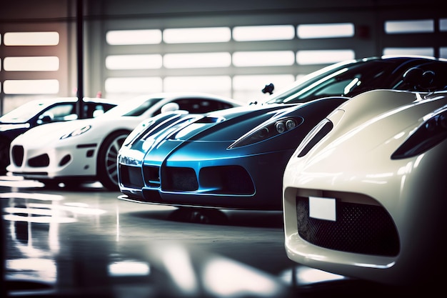 Photo collection of beauty sport generic and unbranded cars in a modern garage ai generative illustration