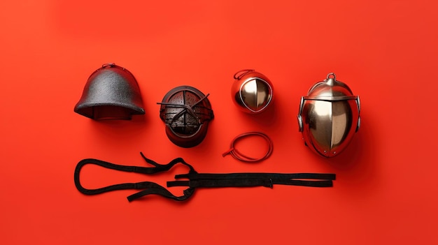 A collection of bells on a red background