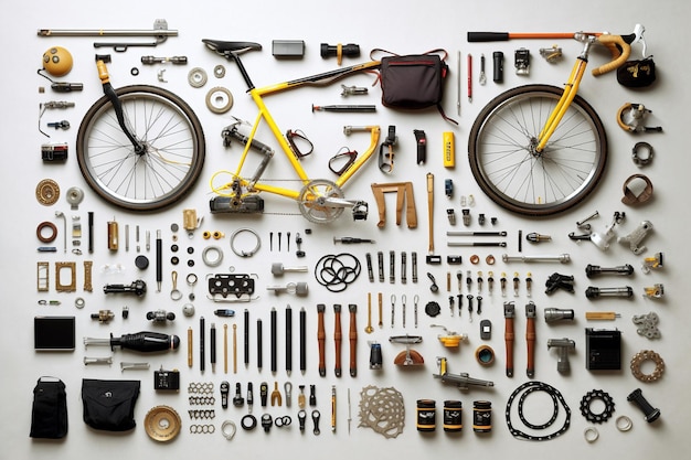 Foto raccolta di attrezzature per biciclette e pezzi smontati su sfondo bianco
