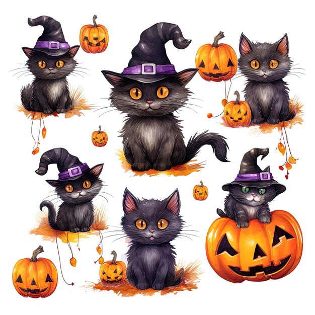 a collection of black cats with halloween pumpkins