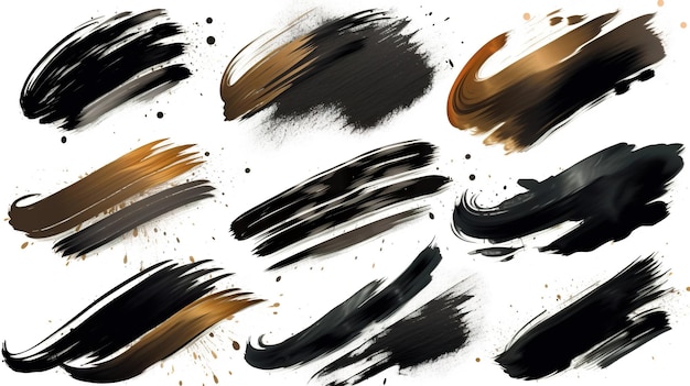 A collection of black and gold paint brushes