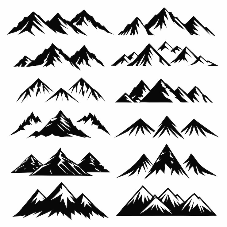 Photo a collection of black mountain silhouettes each varying in shape and size