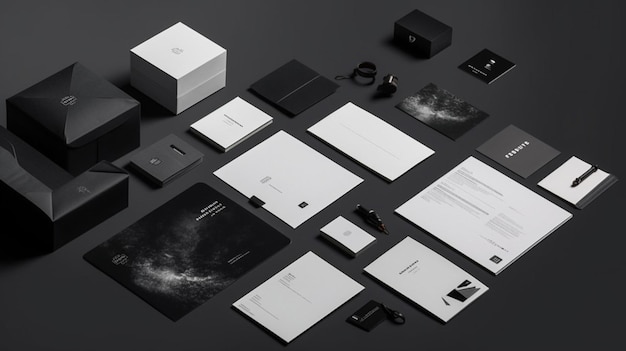 白黒の名刺と「デジタル」という言葉が書かれた黒い箱のコレクション。