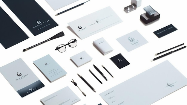 A collection of black and white business cards, including a logo for gq.