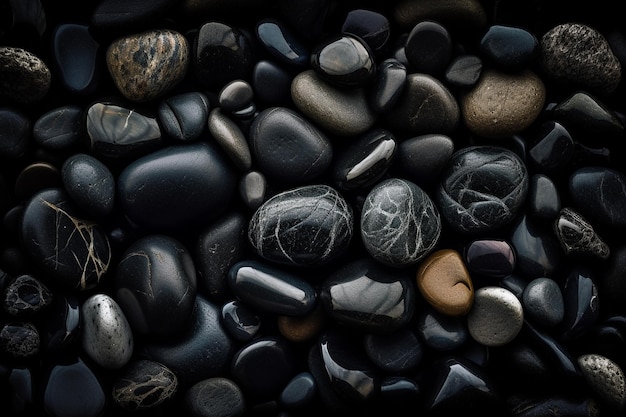 A collection of black and white pebbles with a black background.