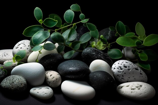 A collection of black and white pebbles with a green leaf that says'black and white '