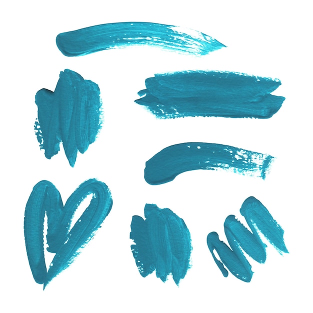 Collection of blue acrylic brush strokes isolated on a white background Decorative design elements