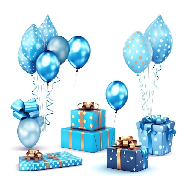 A collection of blue balloons with blue balloons and a box of gift boxes.
