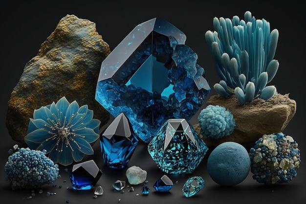 Photo a collection of blue crystals and crystals are displayed on a black background.