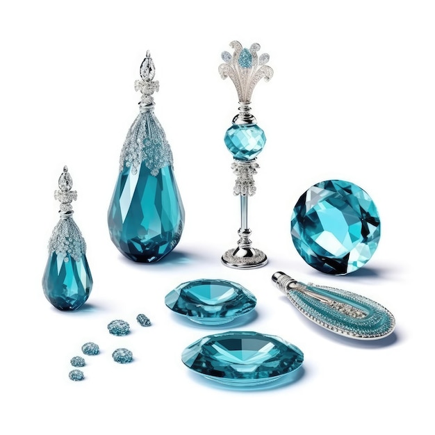 A collection of blue gems and silver and silver items.