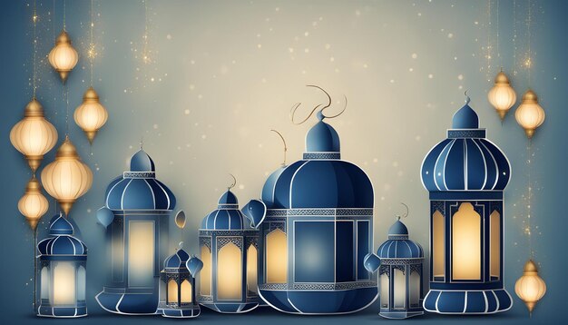 a collection of blue glass lanterns with a night sky and a place for your text