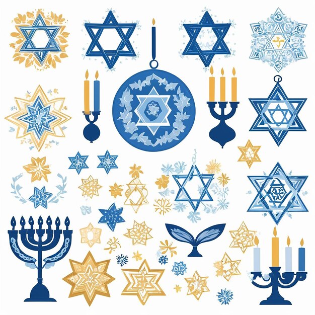 Photo a collection of blue and gold menorah and a blue star