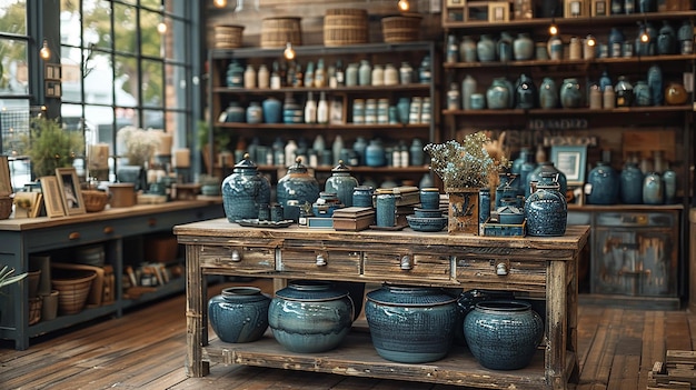 a collection of blue pottery with the word quot pottery quot on the side