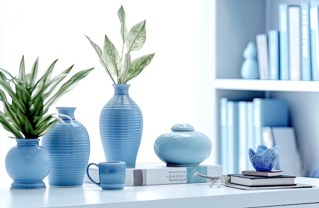 a collection of blue vases with plants on a table.