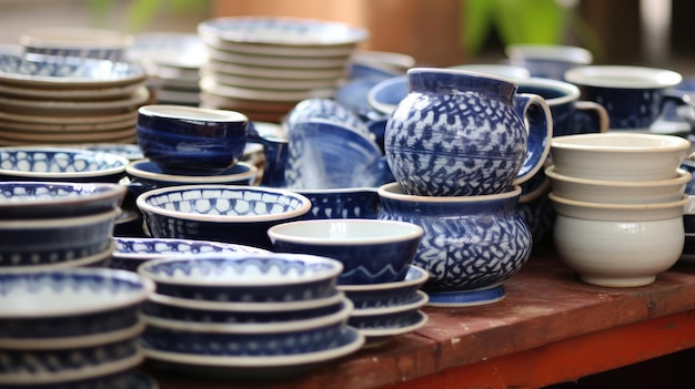 A collection of blue and white china on a table