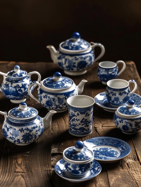 Photo a collection of blue and white china tea pots and teapots