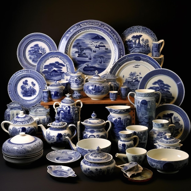 Photo a collection of blue and white china with a lot of other blue and white china.