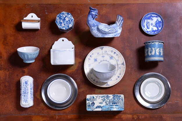Collection of blue and white kitchen utensils