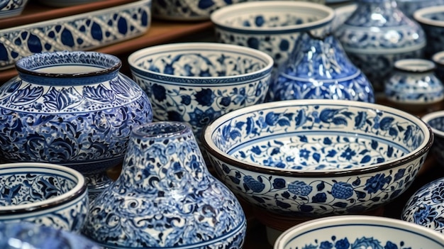 A collection of blue and white pottery are displayed on a table.