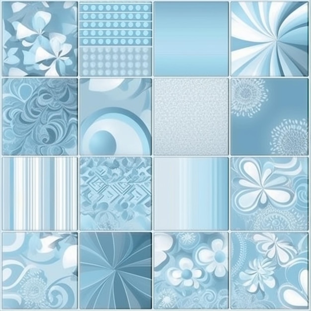 A collection of blue and white tiles with floral patterns.