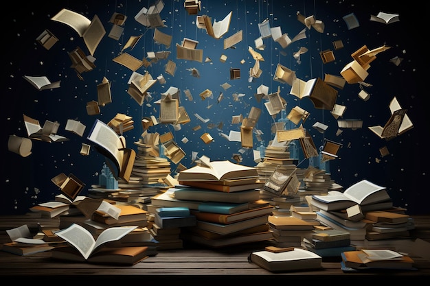 A collection of books appear to float and fly in midair surrounded by magic and mystery in a dimly lit enchanted setting