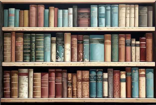 a collection of books on a shelf in a library in the style of vintage cutandpaste