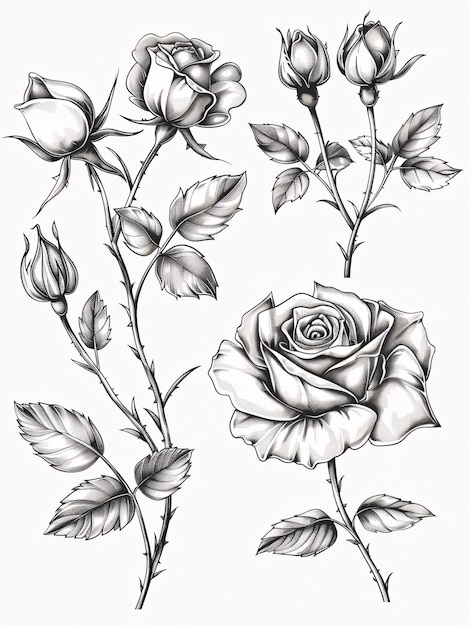 Photo a collection of botanical illustrations featuring black rose sketches and green foliage