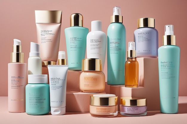 A collection of bottles of beauty products including one of them