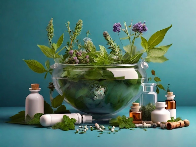 a collection of bottles and bottles with flowers and bottles of medicine