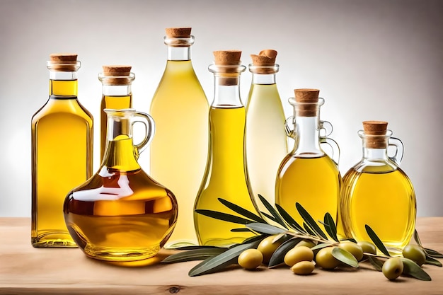 A collection of bottles of olive oil and olive oil