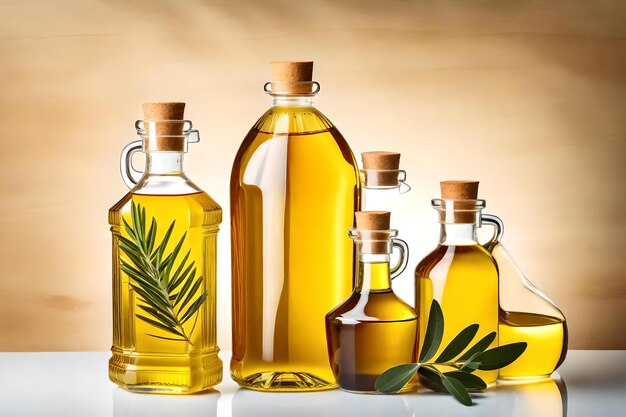 A collection of bottles of olive oil with a palm leaf on the top