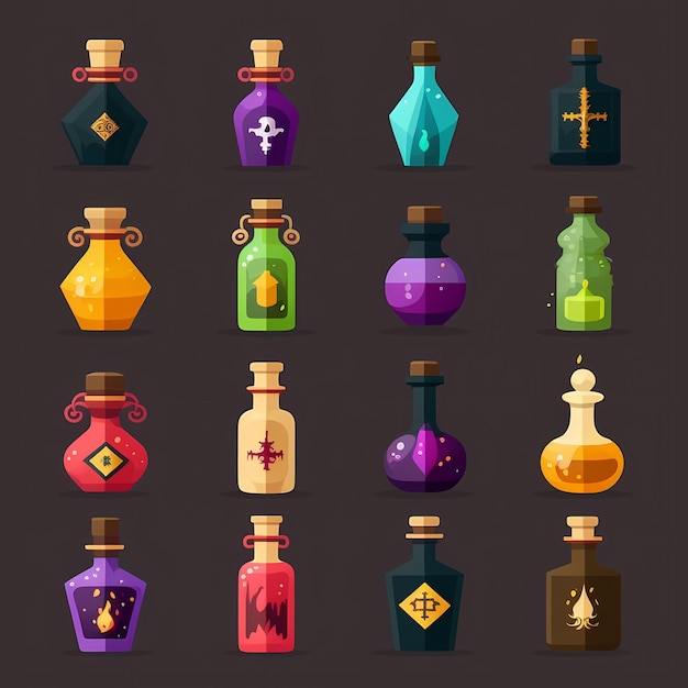 A collection of bottles with different colors and symbols