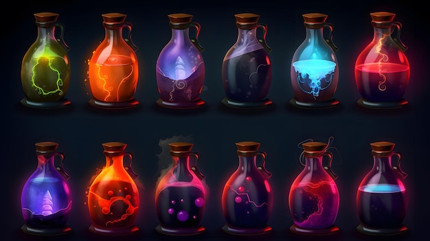 A collection of bottles with different liquid designs