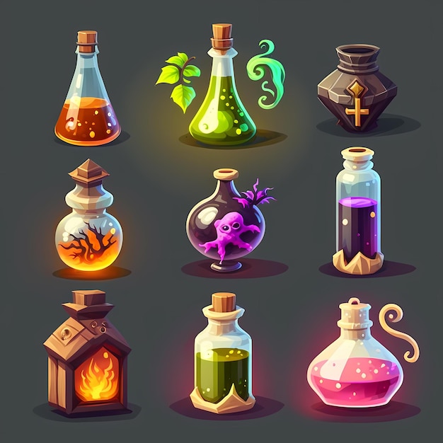 A collection of bottles with different potions including a witch's potion.